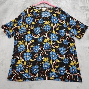 Vintage 90s Voir Top Womens 3X Black Blue Gold Metallic Floral Stretch Tunic Tee